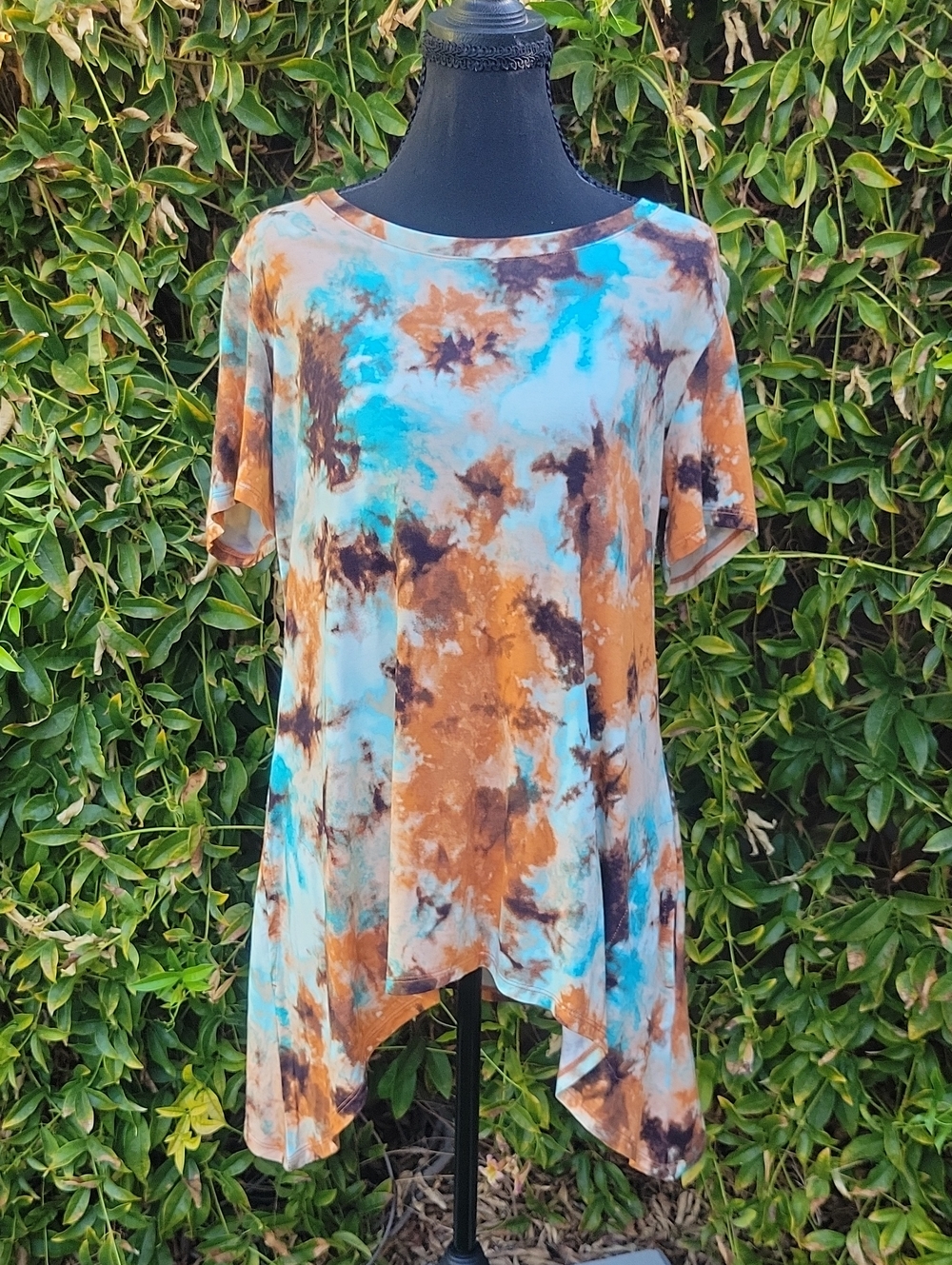 Tie-Dye Short Sleeve Tunic Top in Turquoise & Brown With Pockets M